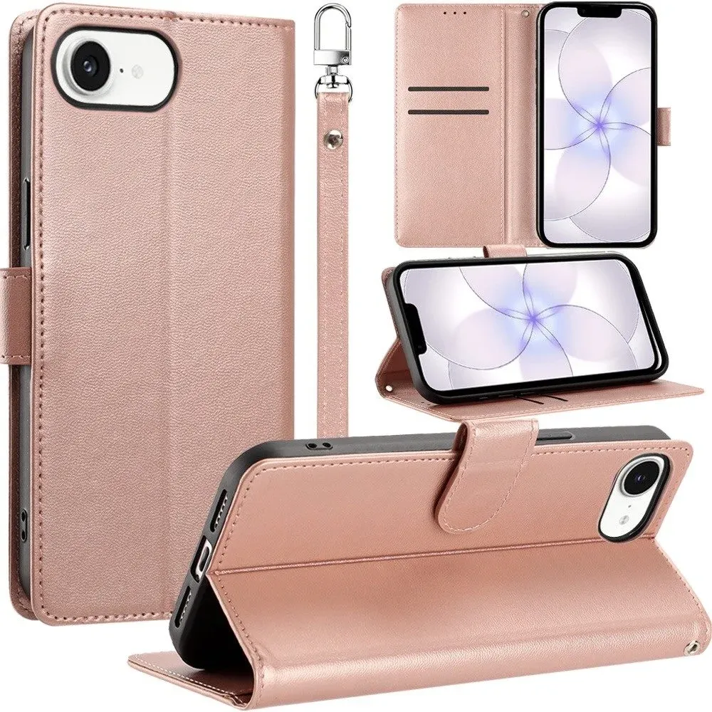 Classic Leather Wallet Folio Case with wrist strap For iPhone 17E / 16E / SE4 - Rose Gold