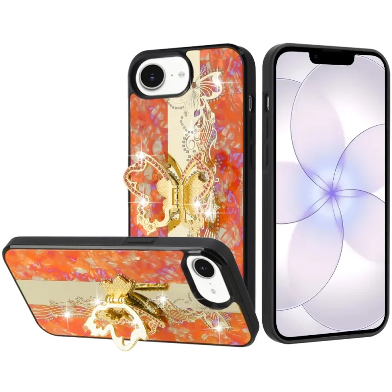 SPLENDID Diamond Glitter Ornaments Engraving Case Cover For iPhone 16E (E edition) / SE4 (2025) - Enchanted Butterfly Cosmic Orange