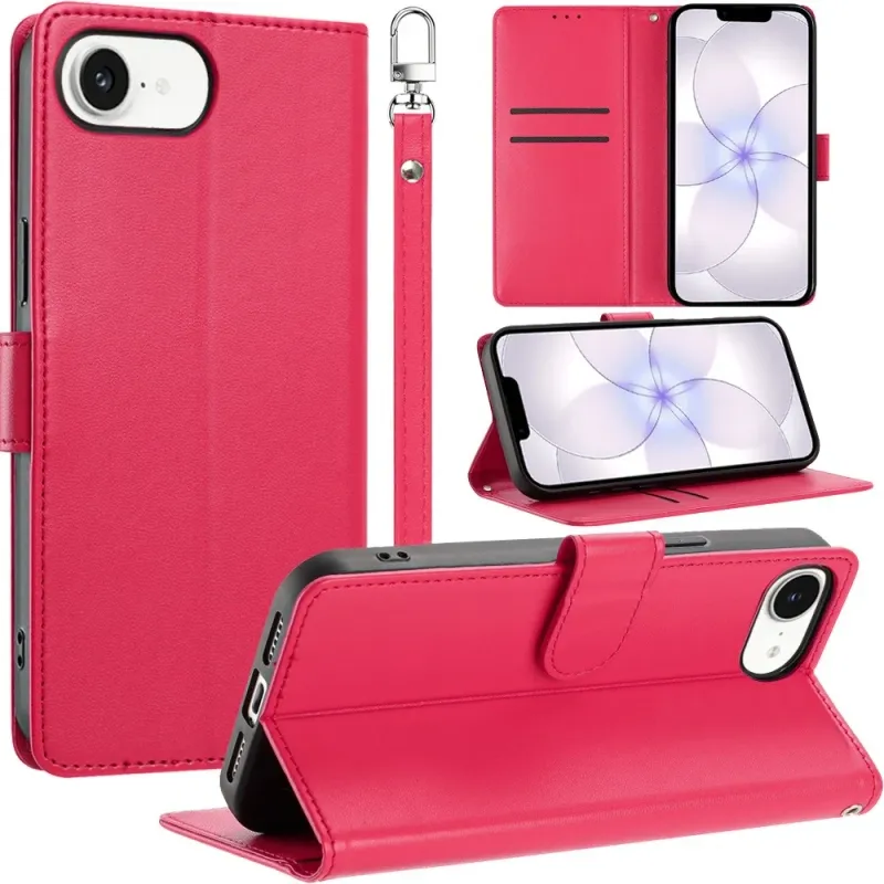 Classic Leather Wallet Folio Case with wrist strap For iPhone 17E / 16E / SE4 - Hot Pink