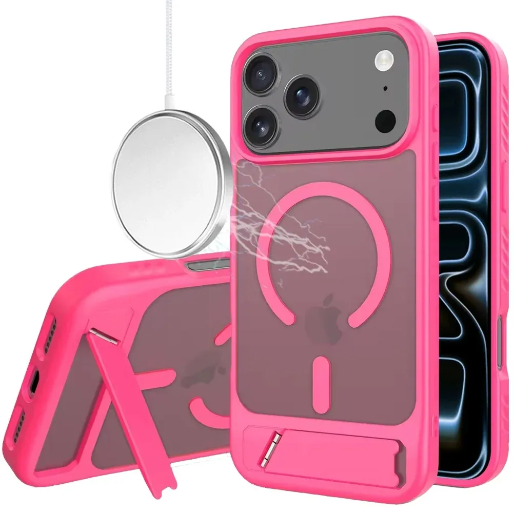 Matte Magnetic Hybrid with Metal Kickstand Case For Apple iPhone 18 Pro Max - Hot Pink