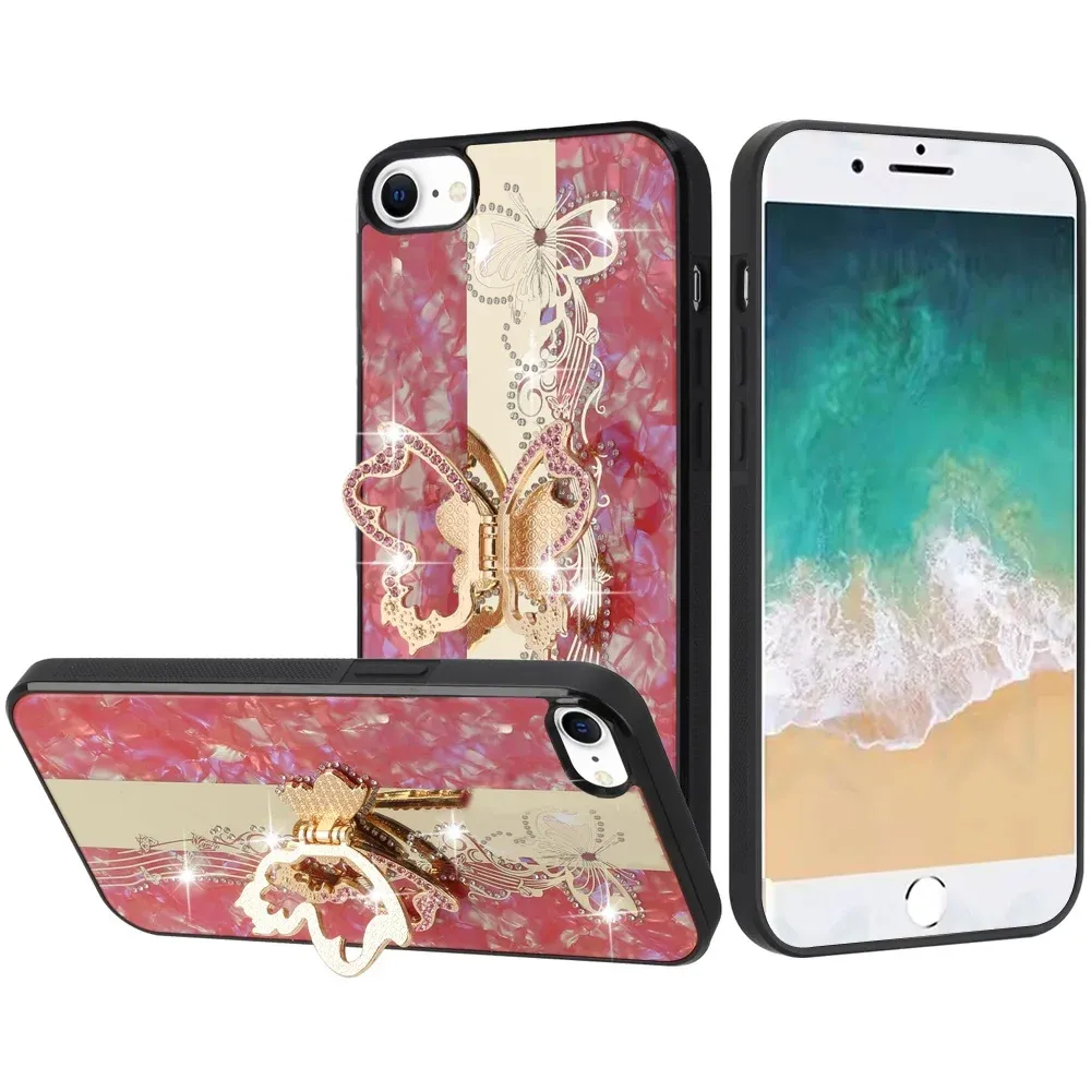 Diamond Glitter Ornaments Engraving Case Cover For iPhone 17E / 16E / SE4 SPLENDID - Enchanted Butterfly Red