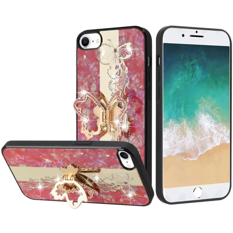 Diamond Glitter Ornaments Engraving Case Cover For iPhone 17E / 16E / SE4 SPLENDID - Enchanted Butterfly Red
