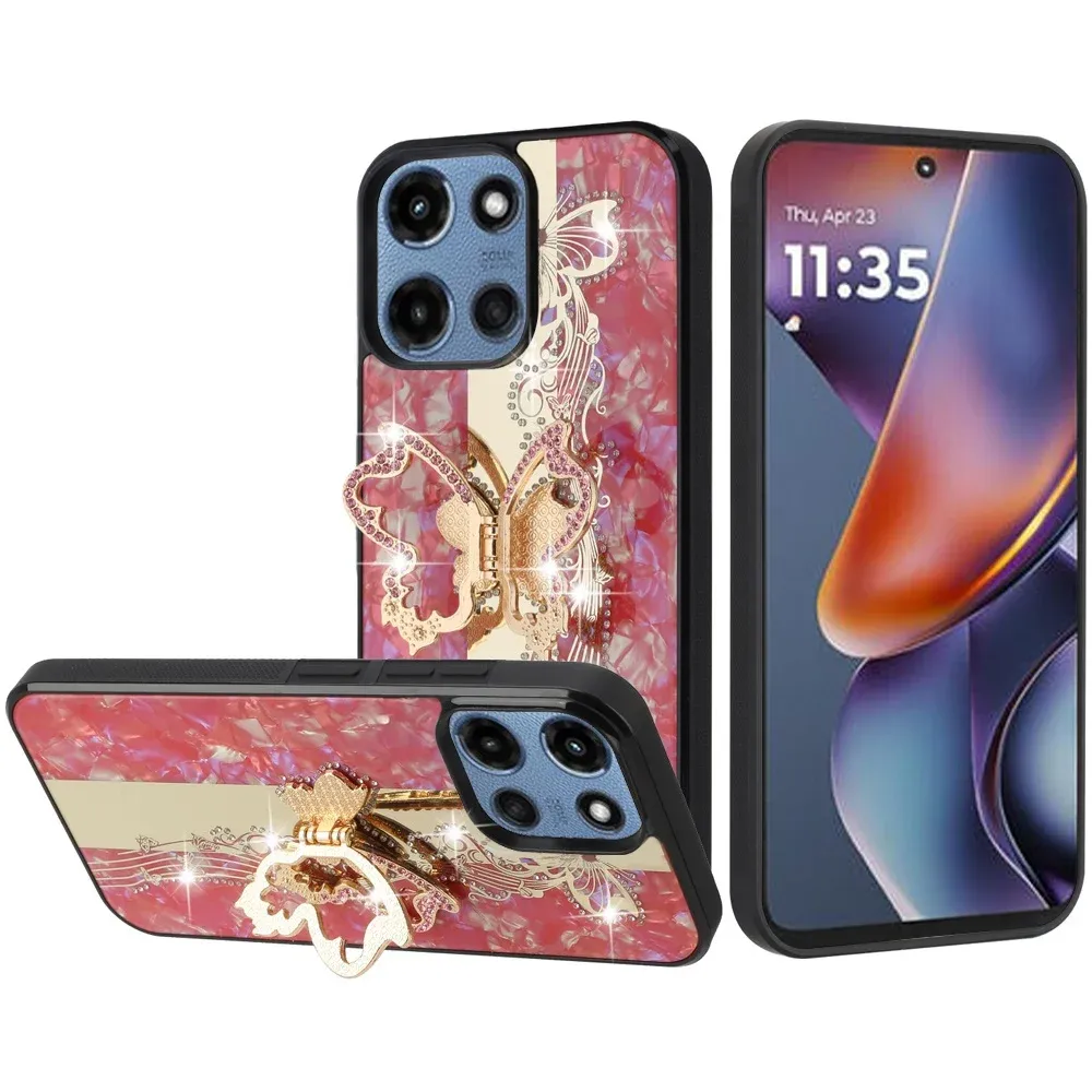 SPLENDID Diamond Glitter Ornaments Engraving Case CoverFor Moto G 5G 2025/2026 - G Play 2026 - Enchanted Butterfly Red