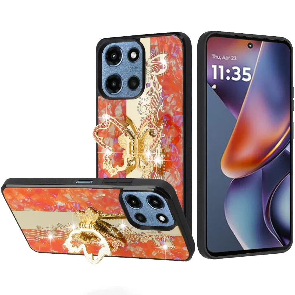 SPLENDID Diamond Glitter Ornaments Engraving Case CoverFor Moto G 5G 2025/2026 - G Play 2026 - Enchanted Butterfly Orange