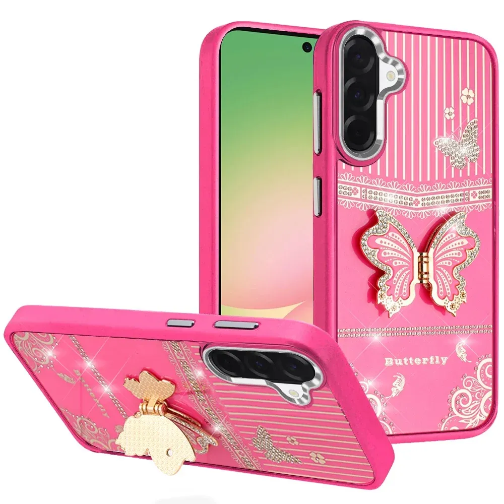 Splendid Glitter Butterfly Design Stand with Metallic Edges Hybrid Case For Samsung Galaxy A57 - Hot Pink