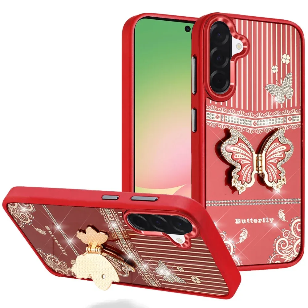 Splendid Glitter Butterfly Design Stand with Metallic Edges Hybrid Case For Samsung Galaxy A57 - Red