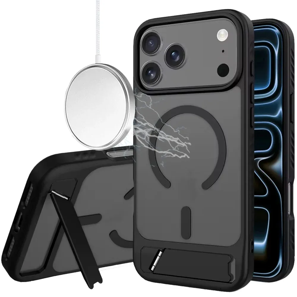 Matte Magnetic Hybrid with Metal Kickstand Case For Apple iPhone 18 Pro Max - Black
