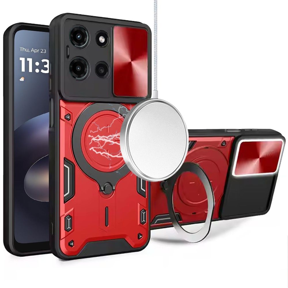 Ring Stand Classic Design FULL Camera Protection Hybrid Case For Motorola Moto G 5G 2025 / 2026 / G Play 2026 Magnetic - Red