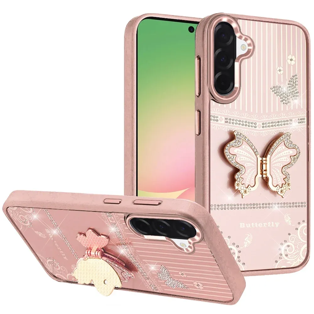 Splendid Glitter Butterfly Design Stand with Metallic Edges Hybrid Case For Samsung Galaxy A57 - Rose Gold