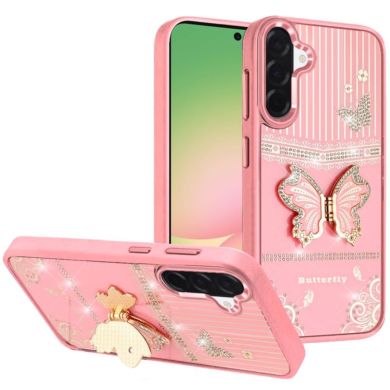 Splendid Glitter Butterfly Design Stand with Metallic Edges Hybrid Case For Samsung Galaxy A57 - Light Pink