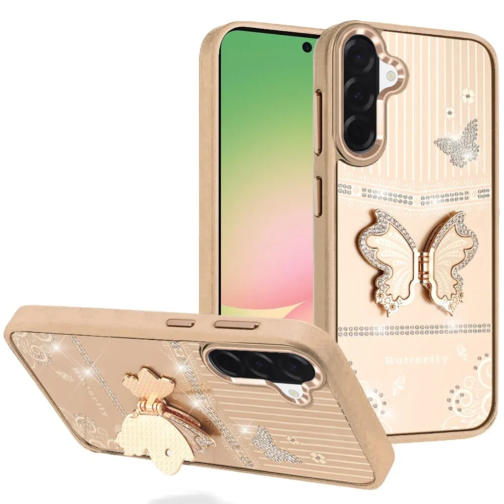 Splendid Glitter Butterfly Design Stand with Metallic Edges Hybrid Case For Samsung Galaxy A57 - Gold