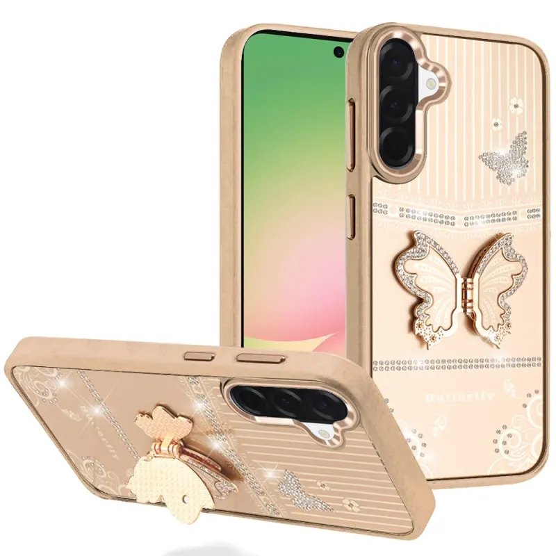 Splendid Glitter Butterfly Design Stand with Metallic Edges Hybrid Case For Samsung Galaxy A57 - Gold
