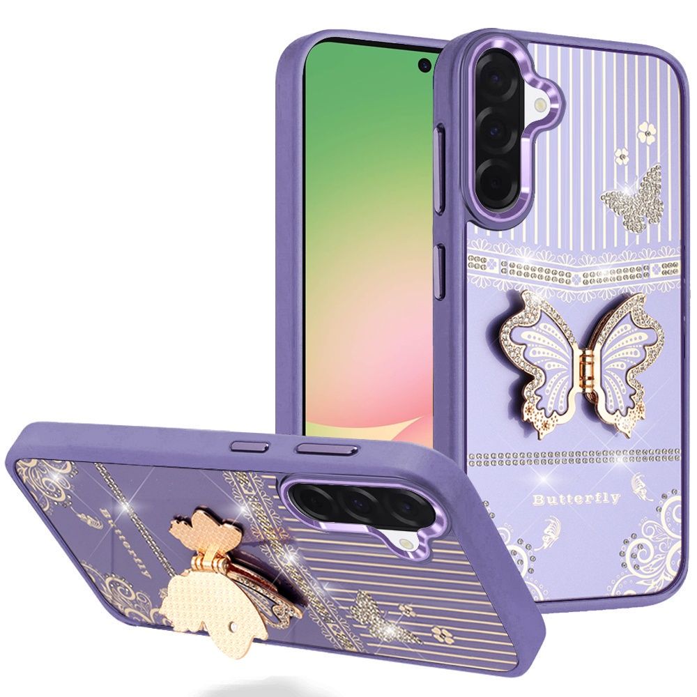 Splendid Glitter Butterfly Design Stand with Metallic Edges Hybrid Case For Samsung Galaxy A57 - Dark Purple