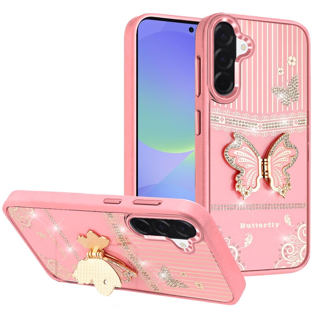 Splendid Glitter Butterfly Design Stand with Metallic Edges Hybrid Case For Samsung Galaxy A37 / A36 - Light Pink