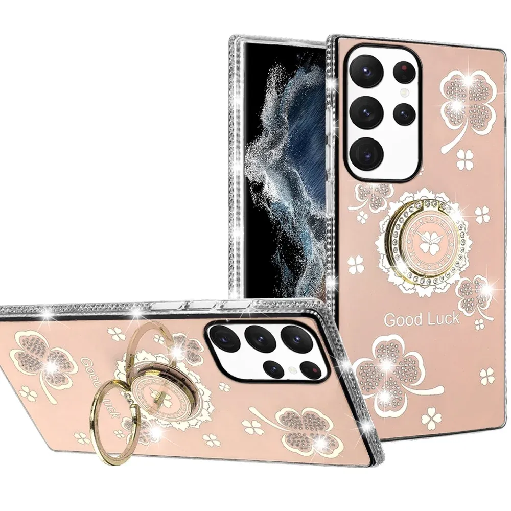 Splendid Glitter with Diamonds All Around Edges Ring Stand For Samsung Galaxy S22 Ultra - Gold