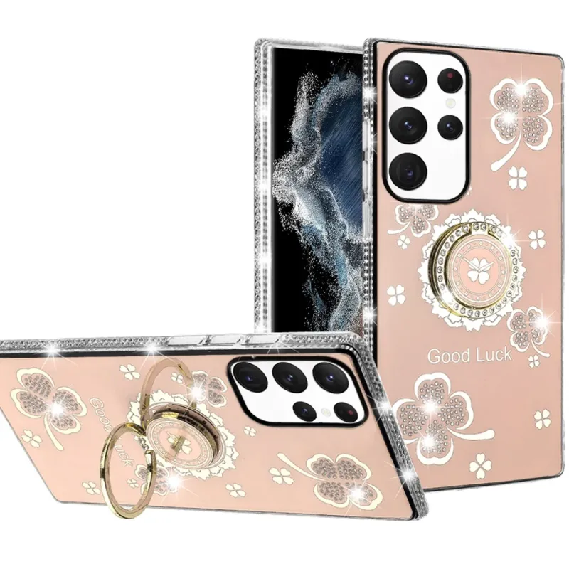 Splendid Glitter with Diamonds All Around Edges Ring Stand For Samsung Galaxy S22 Ultra - Gold