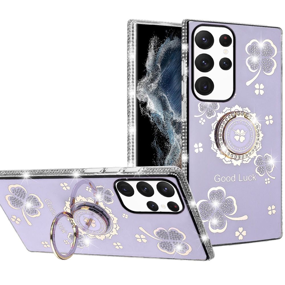 Splendid Glitter with Diamonds All Around Edges Ring Stand For Samsung Galaxy S22 Ultra - Purple