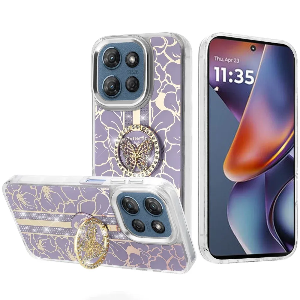 Splendid Floral Designs with Metal Camera and Buttons with Butterfly Ring Stand Hybrid Case For Motorola Moto G 5G 2025 - Purple