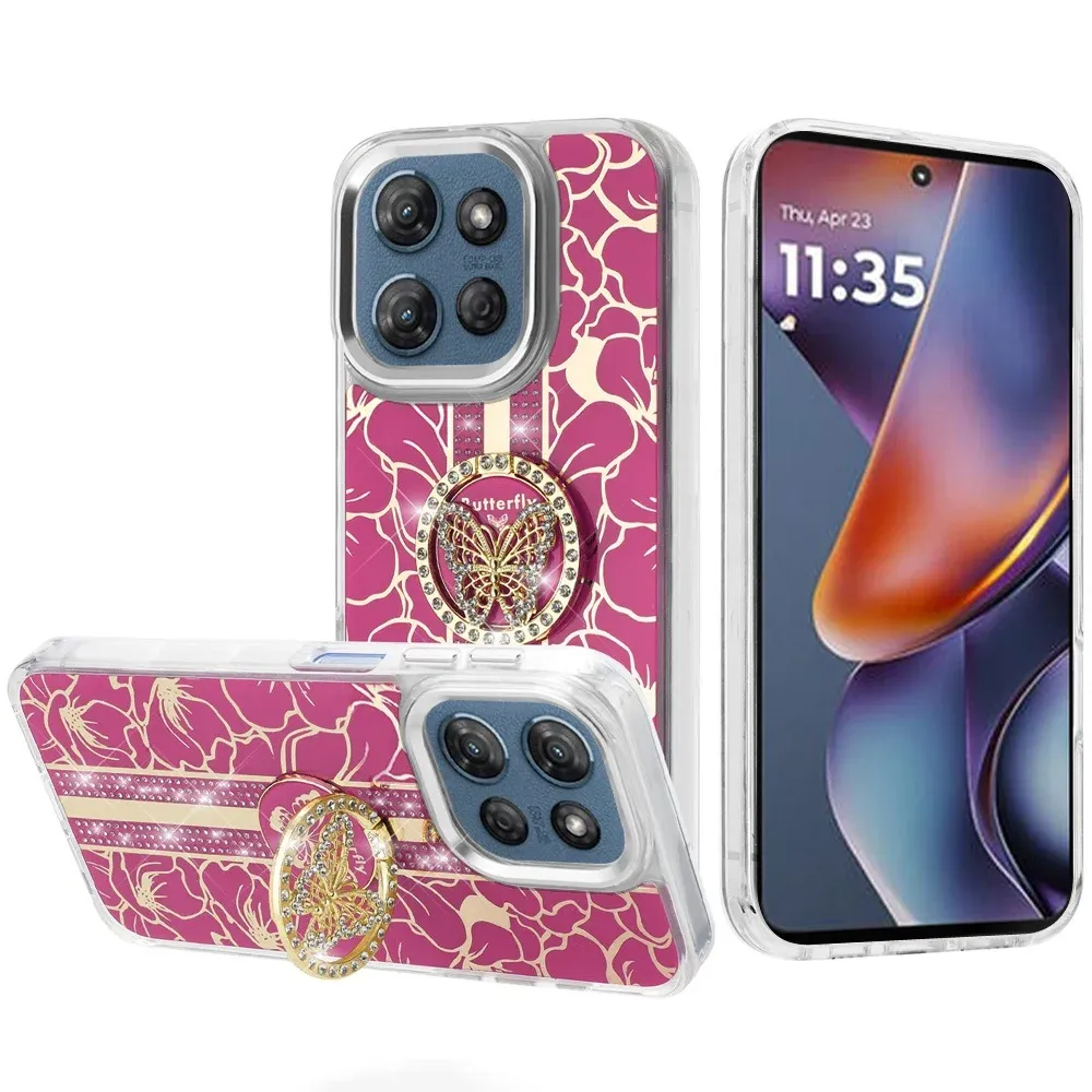 Samsung Galaxy A37 / A36 Splendid Floral Designs with Metal Camera and Buttons with Butterfly Ring Stand Hybrid Case - Hot Pink