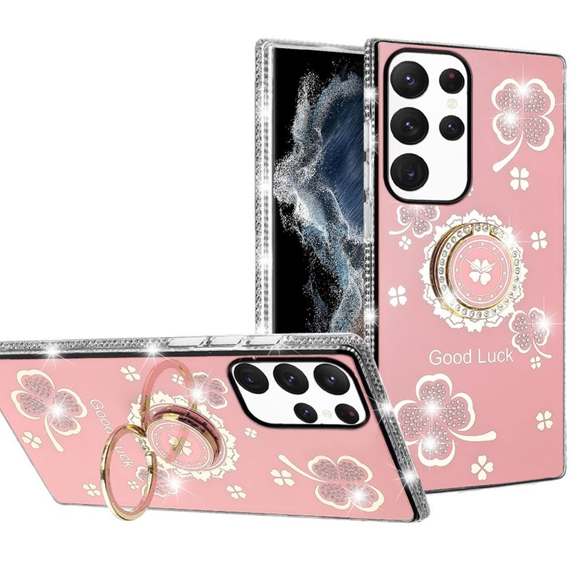Splendid Glitter with Diamonds All Around Edges Ring Stand For Samsung Galaxy S22 Ultra - Pink
