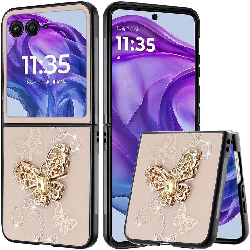 SPLENDID Diamond Glitter Ornaments Engraving Case Cover For Motorola Razr+ Plus 2024- Garden Butterflies Gold