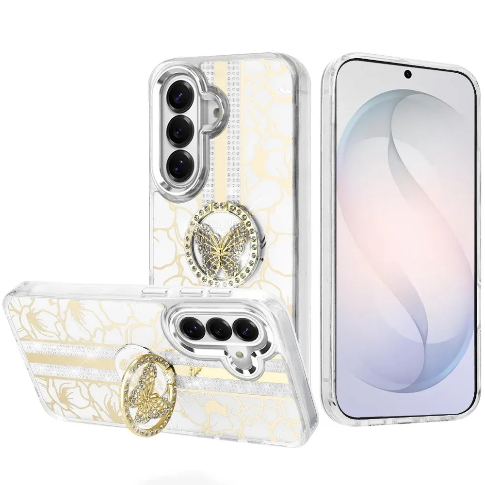 Splendid Floral Designs with Metal Camera and Buttons with Butterfly Ring Stand Hybrid Case For Samsung Galaxy s26 FE - White