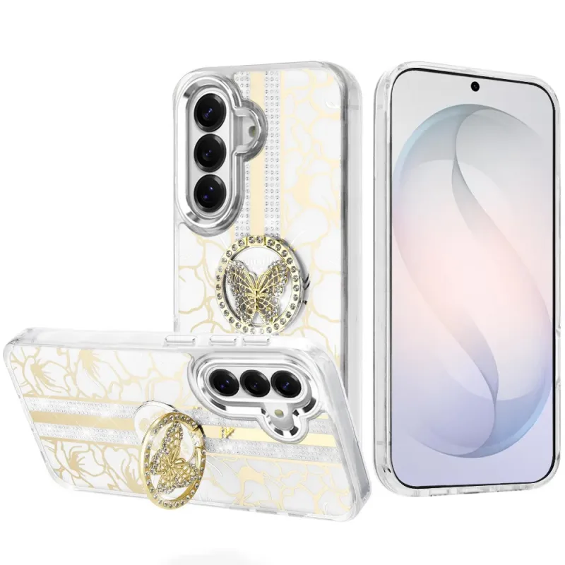 Splendid Floral Designs with Metal Camera and Buttons with Butterfly Ring Stand Hybrid Case For Samsung Galaxy s26 FE - White