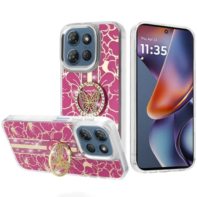 Splendid Floral Designs with Metal Camera and Buttons with Butterfly Ring Stand Hybrid Case For Samsung A16 5G - Hot Pink