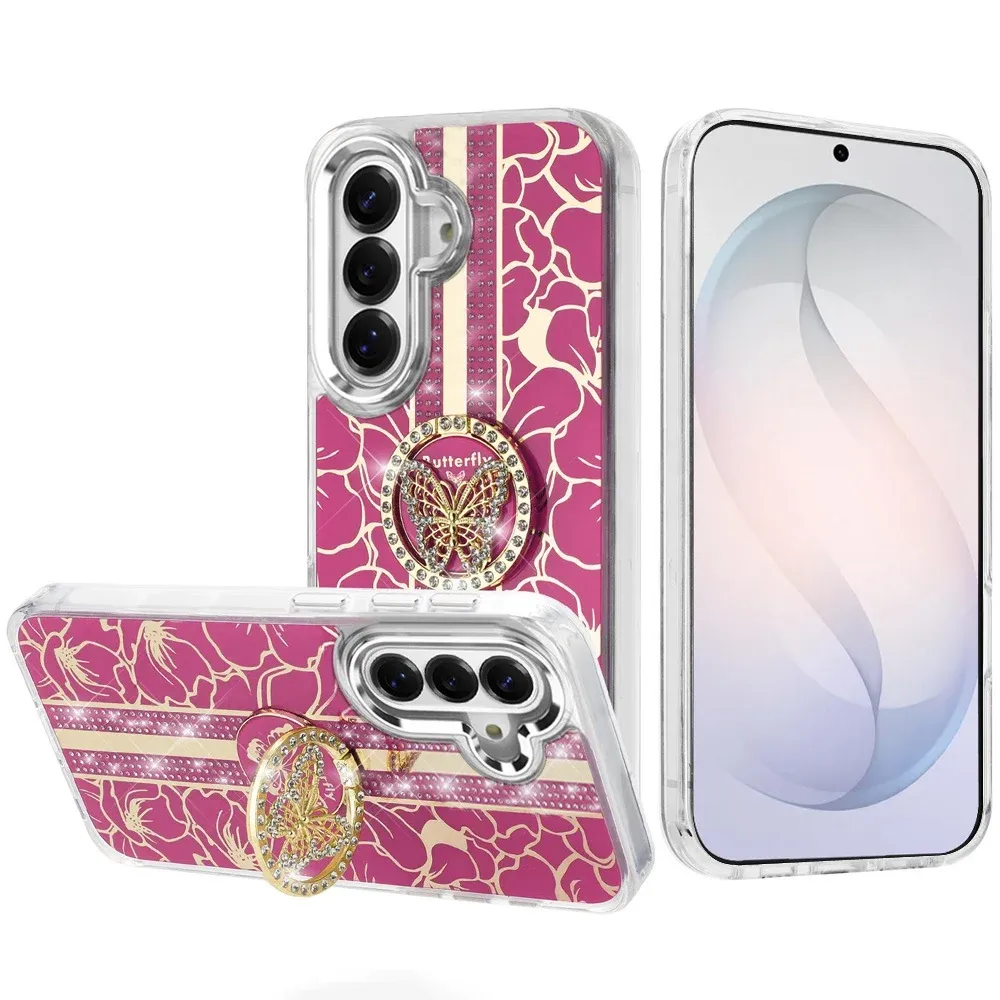 Splendid Floral Designs with Metal Camera and Buttons with Butterfly Ring Stand Hybrid CaseFor Samsung s25 FE - Hot Pink