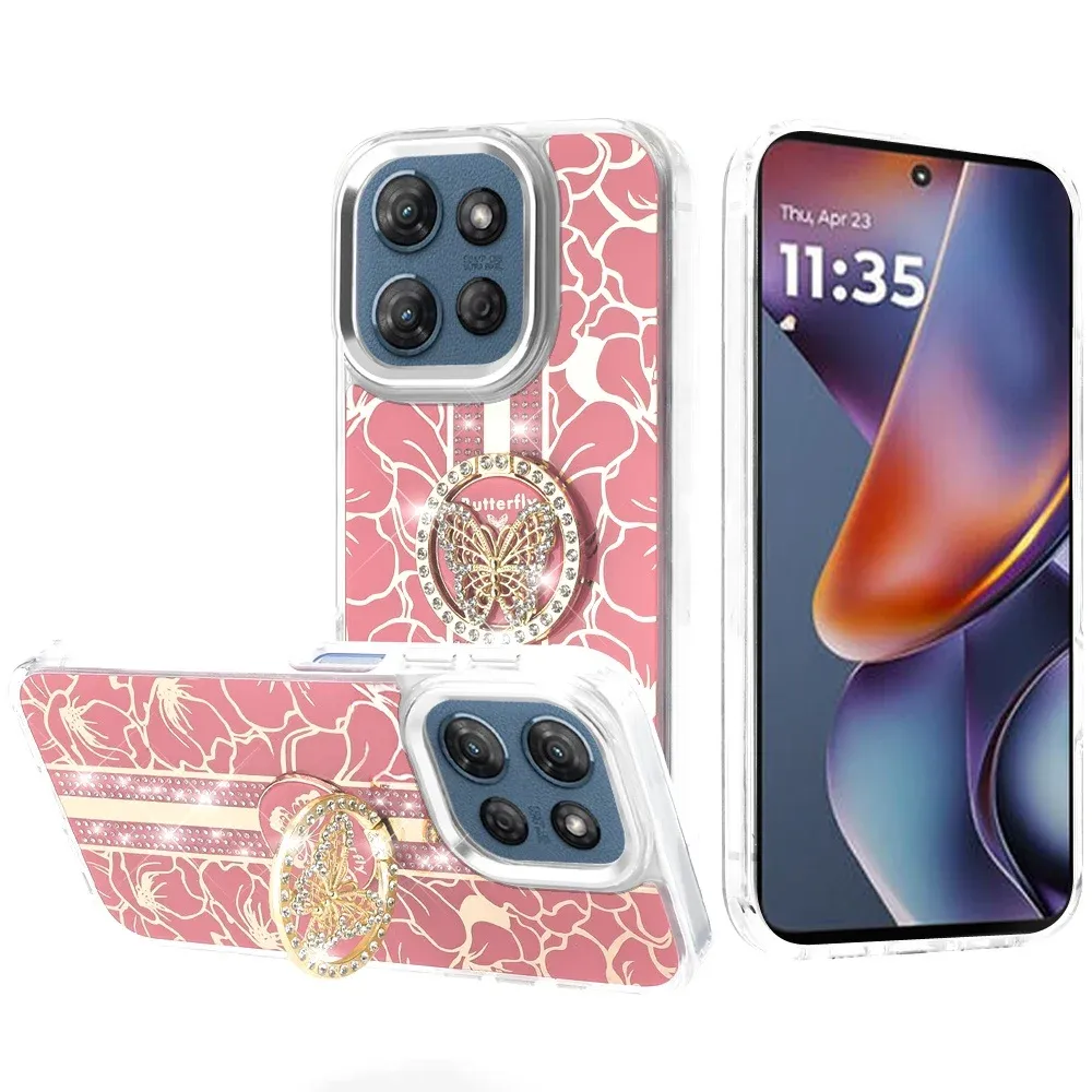 Splendid Floral Designs with Metal Camera and Buttons with Butterfly Ring Stand Hybrid CaseFor Samsung s25 FE - Light Pink