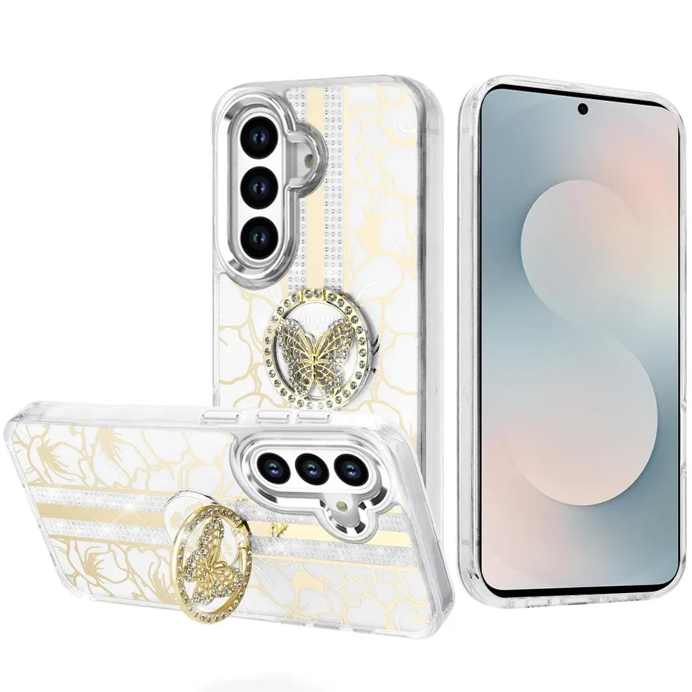 Splendid Floral Designs with Metal Camera and Buttons with Butterfly Ring Stand Hybrid Case For Samsung s25 FE - White