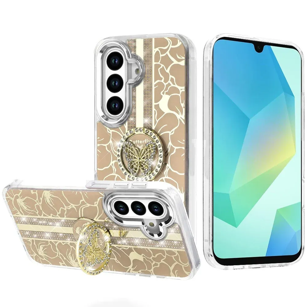 Splendid Floral Designs with Metal Camera and Buttons with Butterfly Ring Stand Hybrid CaseFor Samsung s25 FE - Gold