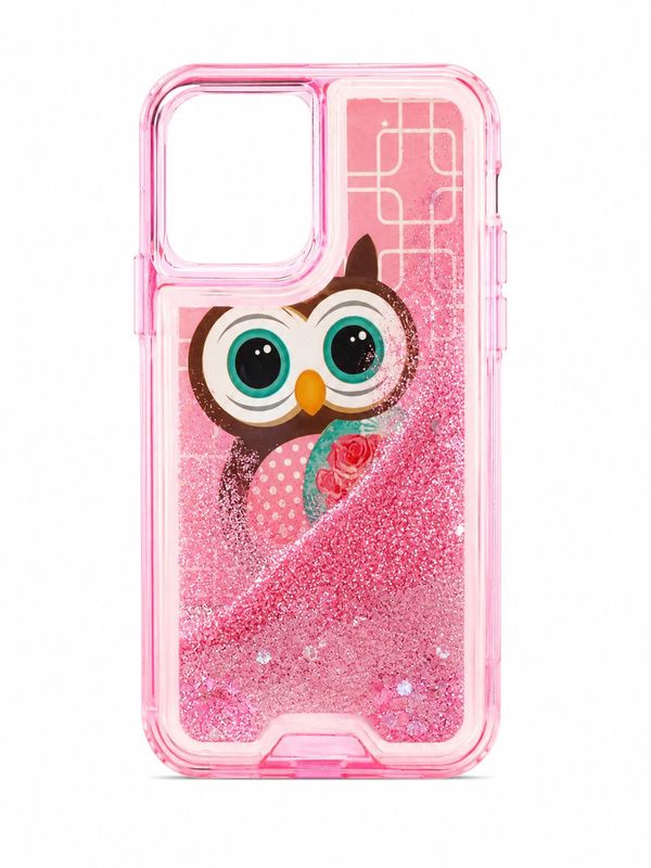 Floating Glitter Heavy Duty Owl Design Case for Iphone 13 Mini/ 12 Mini- Pink