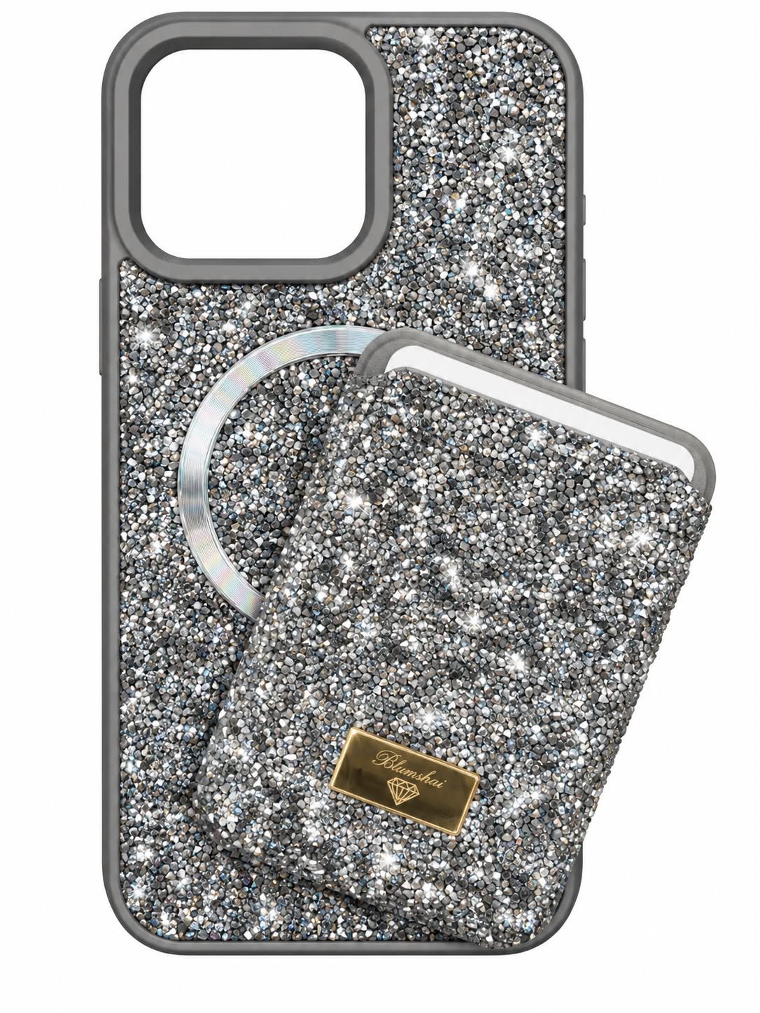 Max Diamond Case With Magsafe Card Holder for Iphone 15 Pro Max- Silver