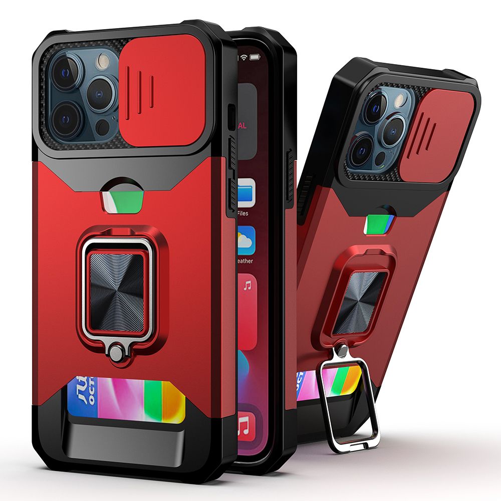 Multi-Functional Card Magnetic Ring Stand Hybrid Camera Case Cover For Apple iPhone 11 - Red