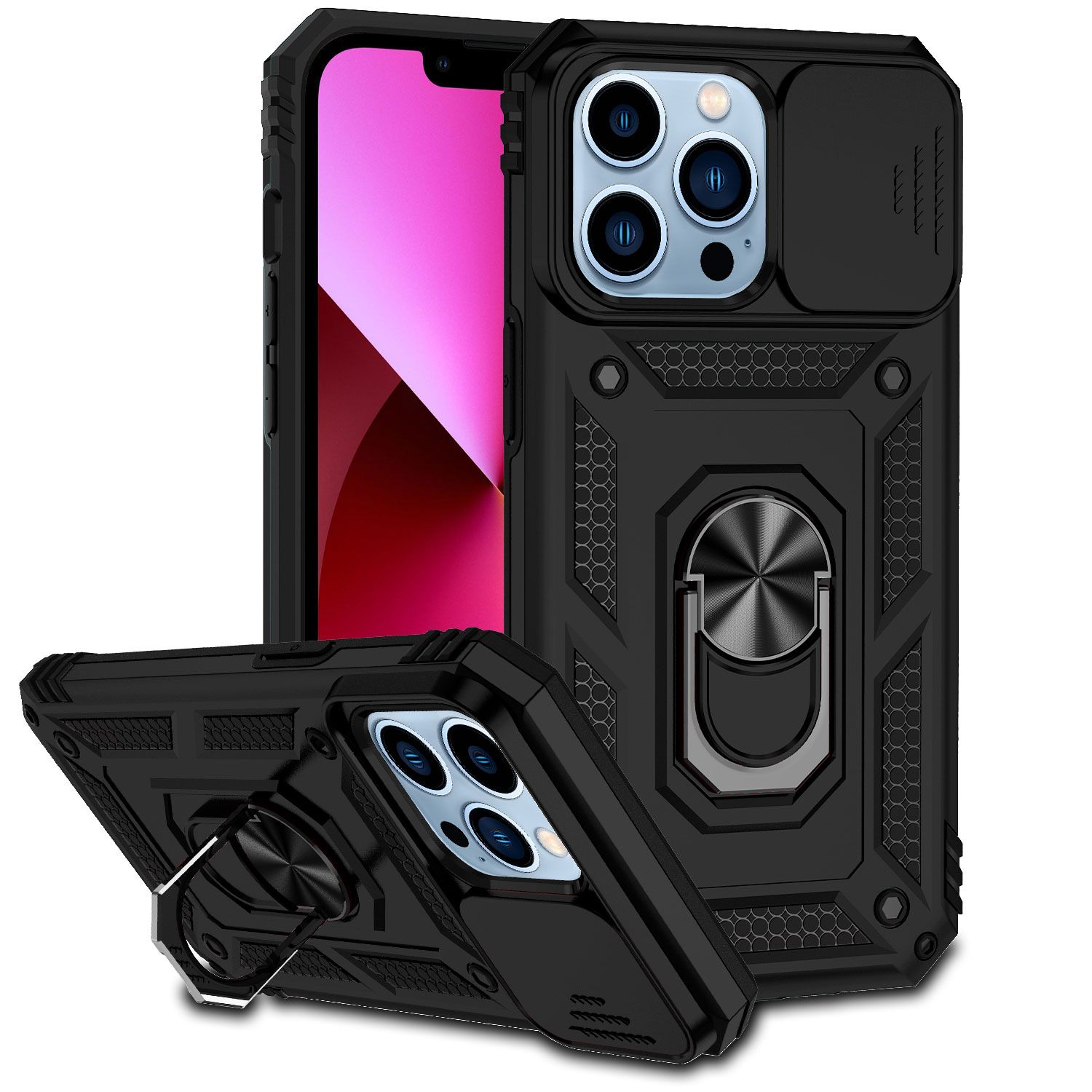 Well Protective Magentic Ring Stand Camera Protective Cover Case Iphone 11  - Black