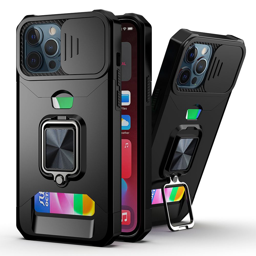 Multi-Functional Card Magnetic Ring Stand Hybrid Camera Case Cover For Apple iPhone 11 - Black