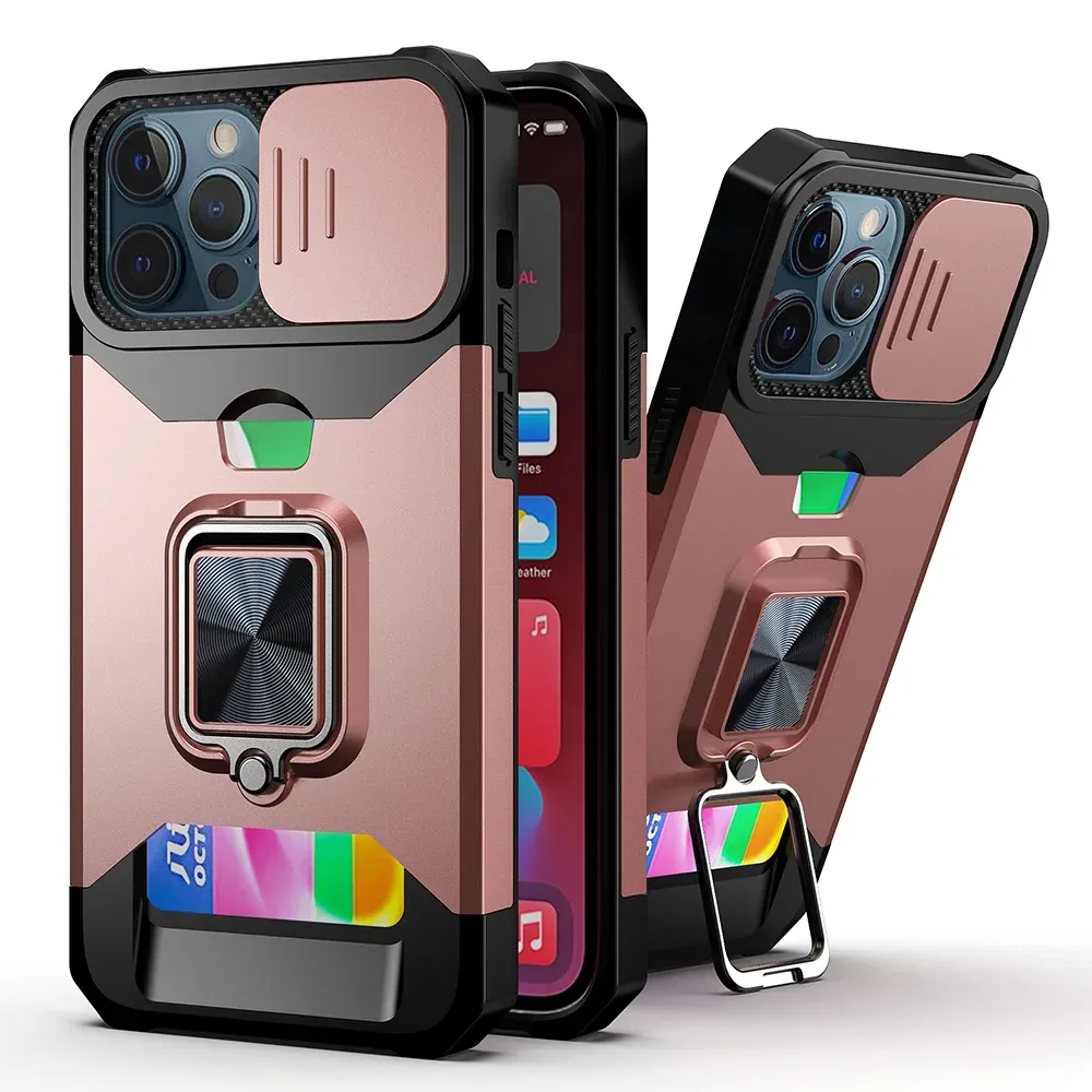 Multi-Functional Card Magnetic Ring Stand Hybrid Camera Case Cover For Apple iPhone 11 -Rose Gold