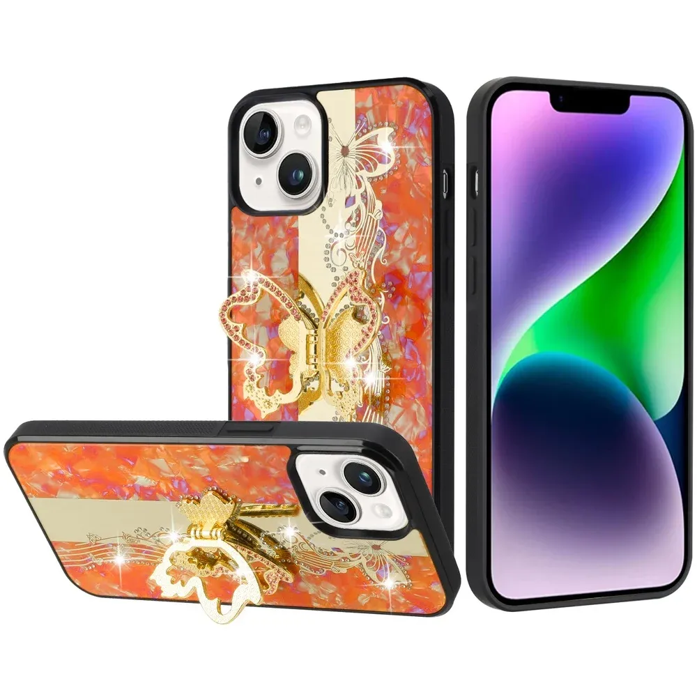 Diamond Glitter Ornaments Engraving Case Cover For iPhone 13/14 SPLENDID  - Enchanted Butterfly Cosmic Orange