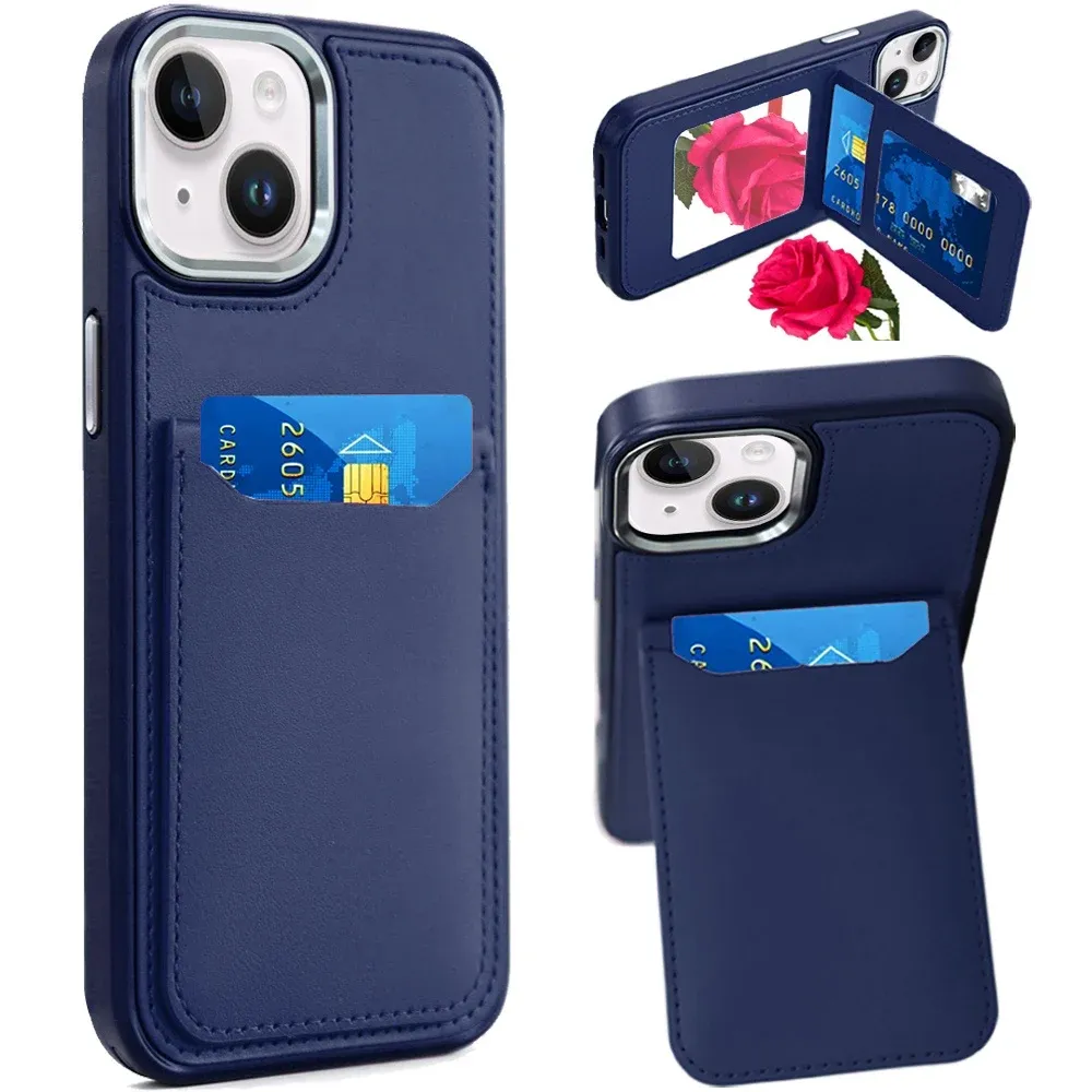 Card Holder with Mirror Inside PU Leather Hybrid Case For iPhone 13 6.1 - Dark Blue