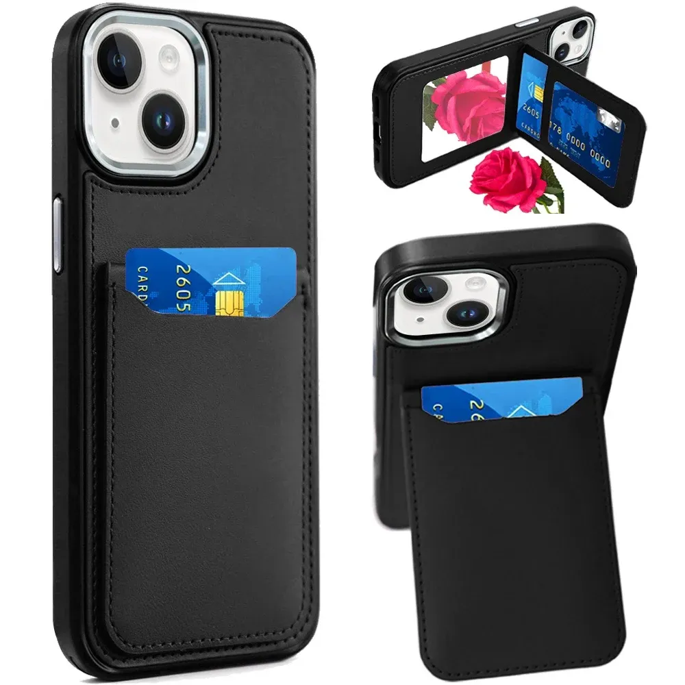 Card Holder with Mirror Inside PU Leather Hybrid Case For iPhone 13 6.1 -BLACK