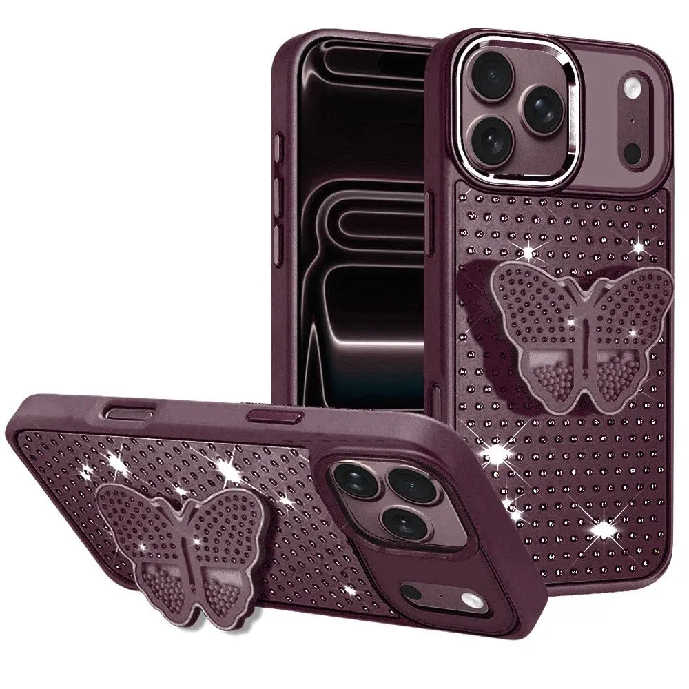 Butterfly Moveable Grip Stand With Small Diamonds Meta Buttons HQ Hybrid For Apple iPhone 18 Pro Max - Dark Cherry