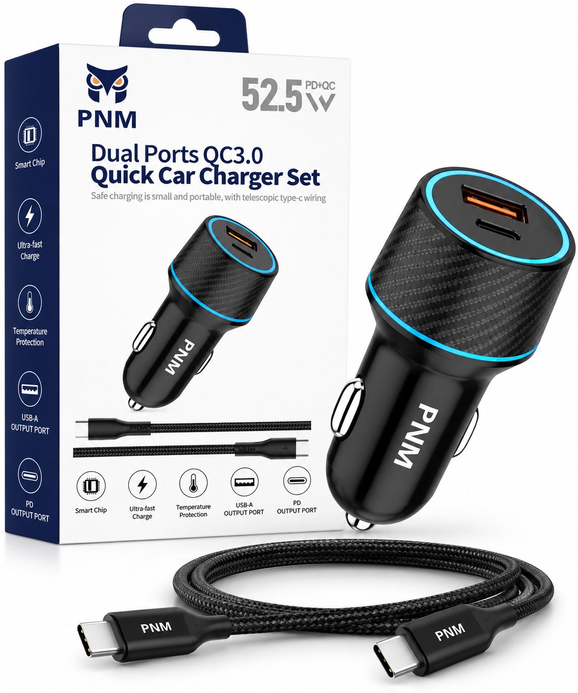 PNM 52..5W CAR CHARGER WITH 3FT TYPE C TO C CABLE -BLACK