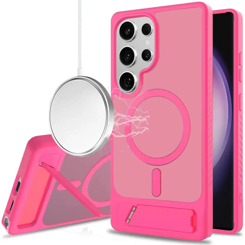 Matte Magnetic Hybrid with Metal Kickstand Case For Samsung S23 Ultra - Hot Pink