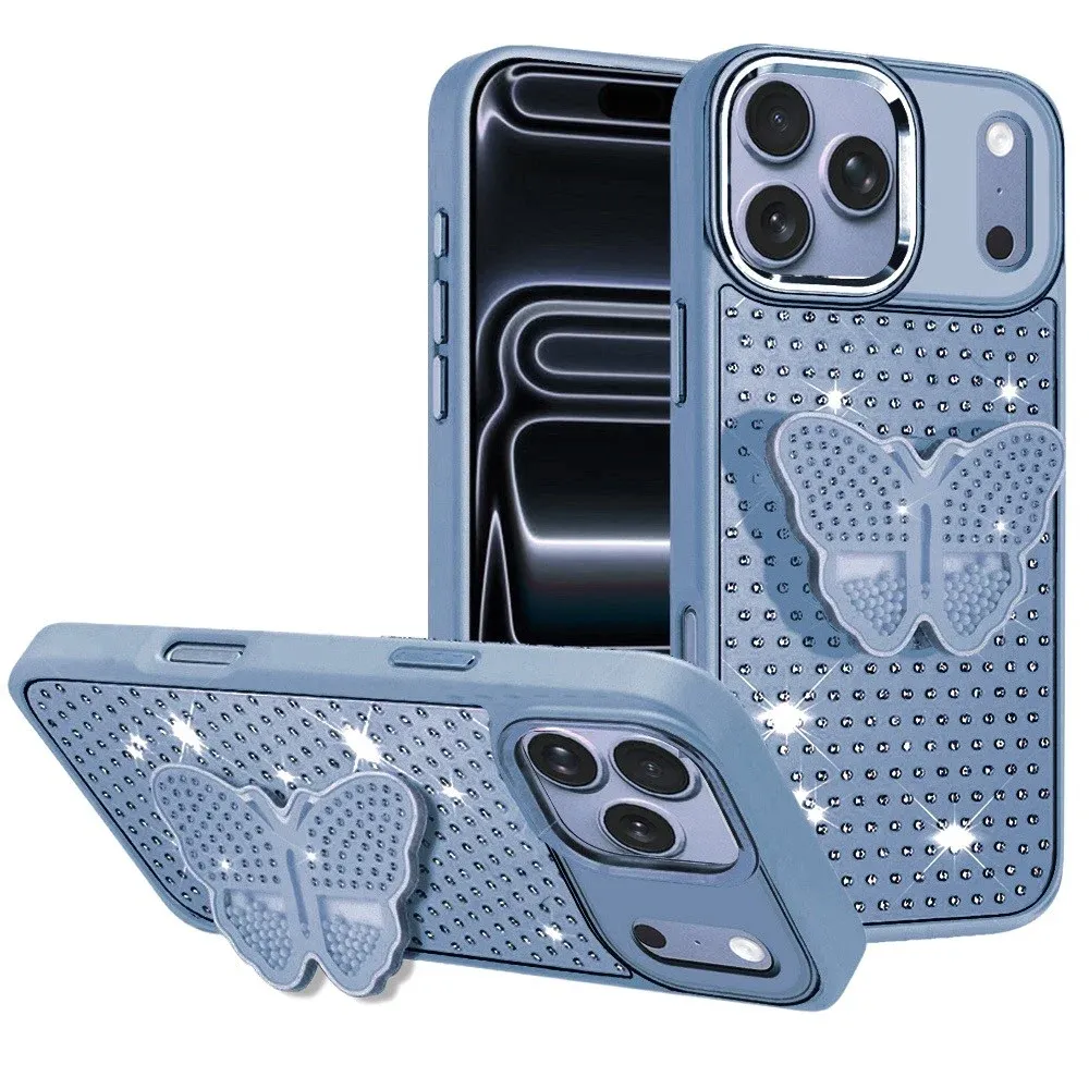 Butterfly Moveable Grip Stand With Small Diamonds Meta Buttons HQ Hybrid For Apple iPhone 18 Pro Max - Light Blue