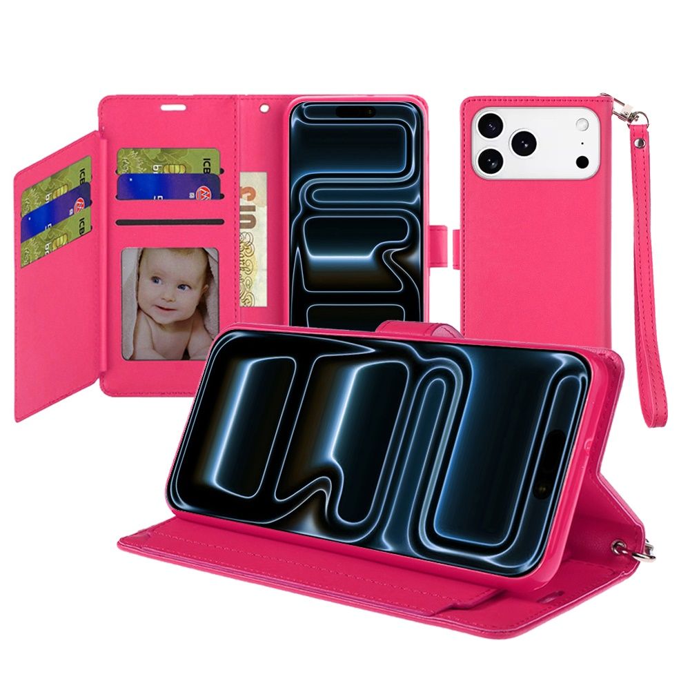 Wallet ID Card Holder Case Cover For Apple iPhone 18 Pro Max  - Hot Pink