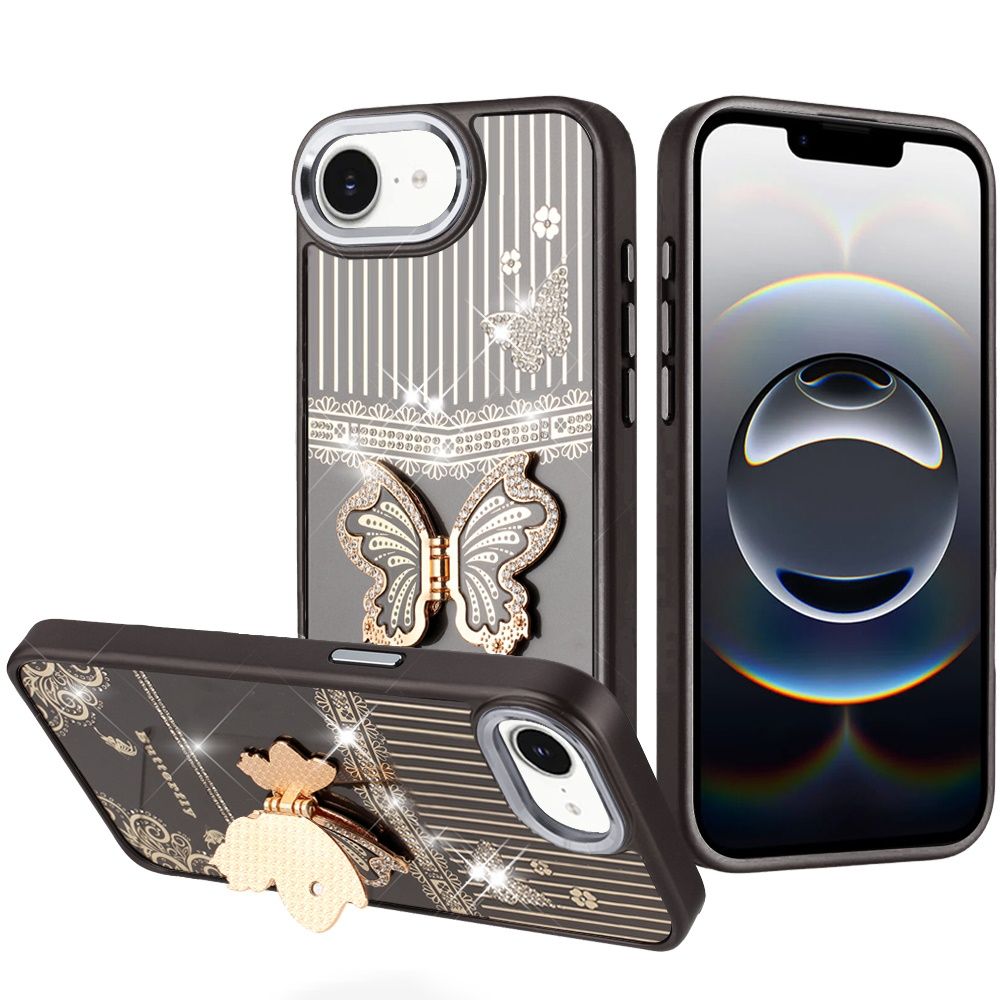 Splendid Glitter Butterfly Design Stand with Metallic Edges Hybrid Case For iPhone 17E / 16E / SE4  - Black
