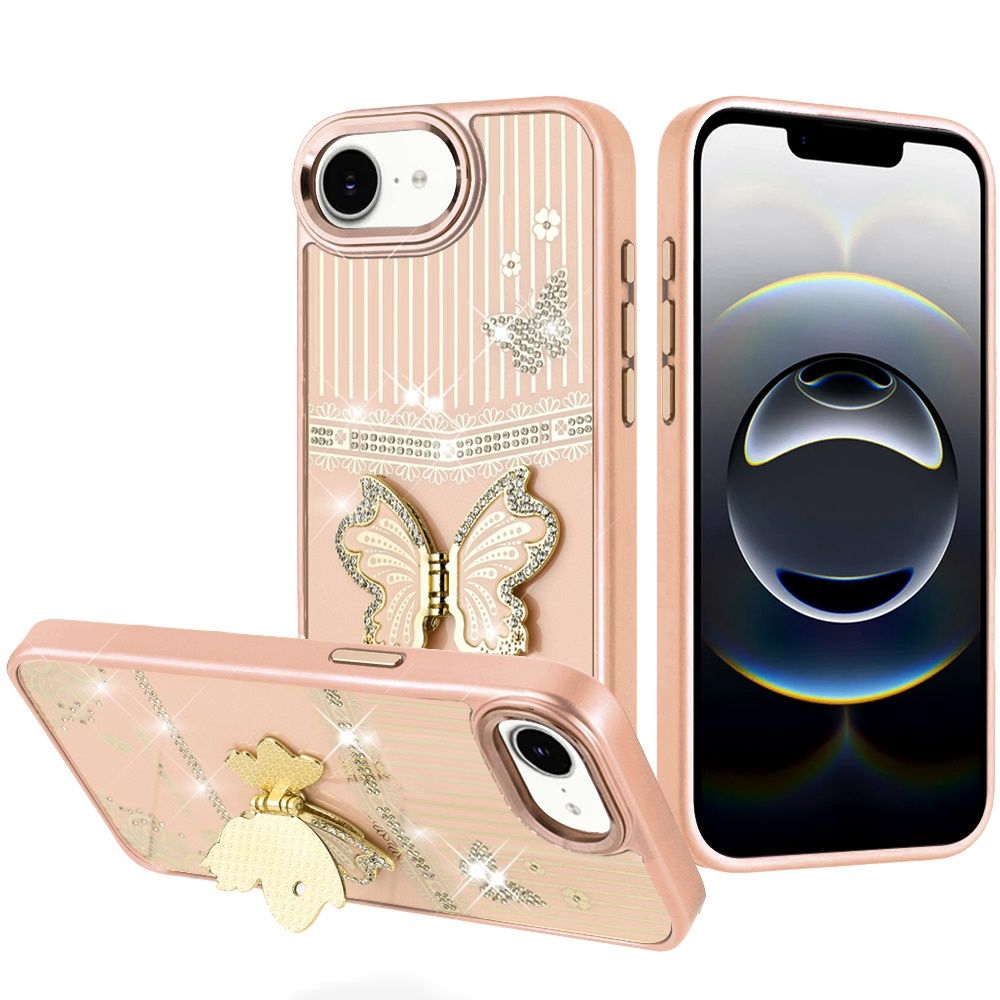 Splendid Glitter Butterfly Design Stand with Metallic Edges Hybrid Case For iPhone 17E / 16E / SE4  - Gold