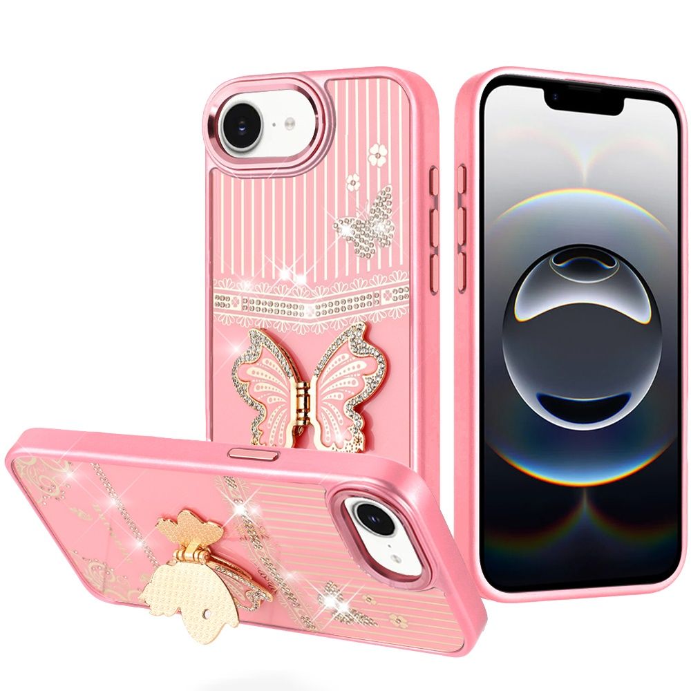 Splendid Glitter Butterfly Design Stand with Metallic Edges Hybrid Case For iPhone 17E / 16E / SE4  - Light Pink