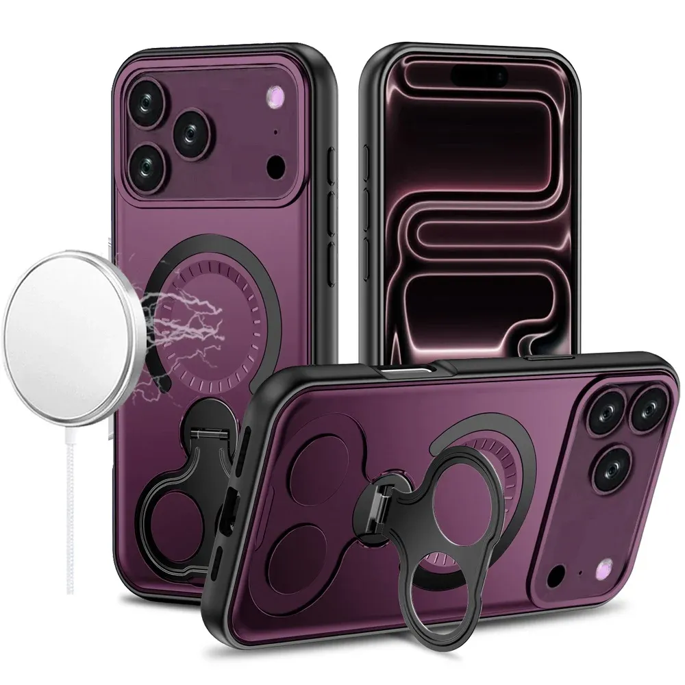 Car Mount with 2-Ring Stand Hybrid Case For Apple iPhone 18 Pro Max - Dark Cherry